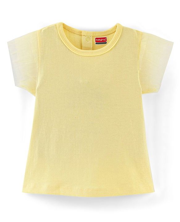 Babyhug 100% Cotton Knit Frock With Half Sleeves Inner Tee Floral Print- Yellow & Blue