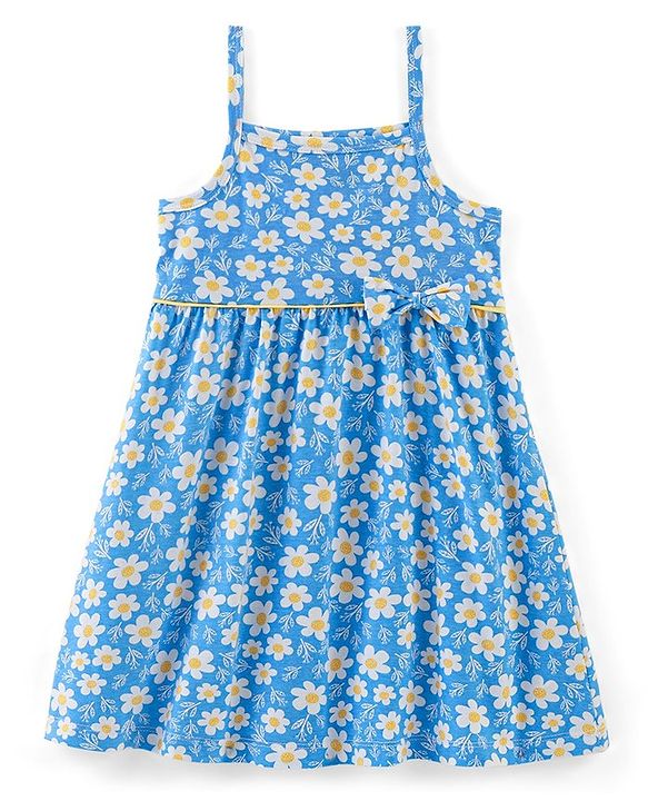 Babyhug 100% Cotton Knit Frock With Half Sleeves Inner Tee Floral Print- Yellow & Blue