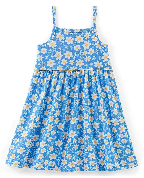 Babyhug 100% Cotton Knit Frock With Half Sleeves Inner Tee Floral Print- Yellow & Blue