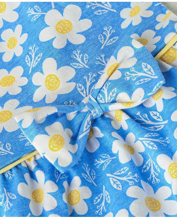 Babyhug 100% Cotton Knit Frock With Half Sleeves Inner Tee Floral Print- Yellow & Blue