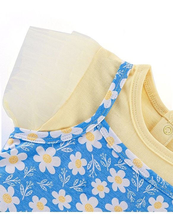 Babyhug 100% Cotton Knit Frock With Half Sleeves Inner Tee Floral Print- Yellow & Blue