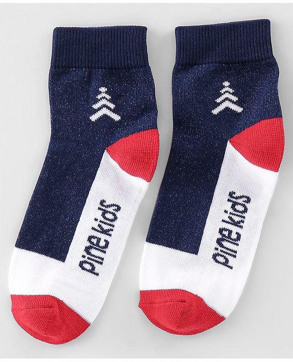 Pine Kids High Ankle Length Socks Logo Print Pack Of 3 - Navy Blue Red & White