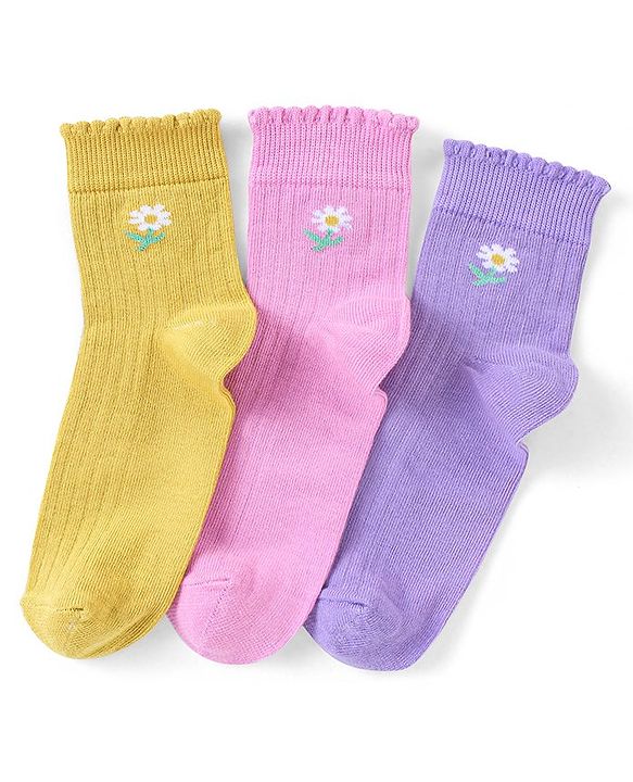 Pine Kids Ankle Length Solid Colour Socks Pack Of 3 - Yellow Purple & Pink
