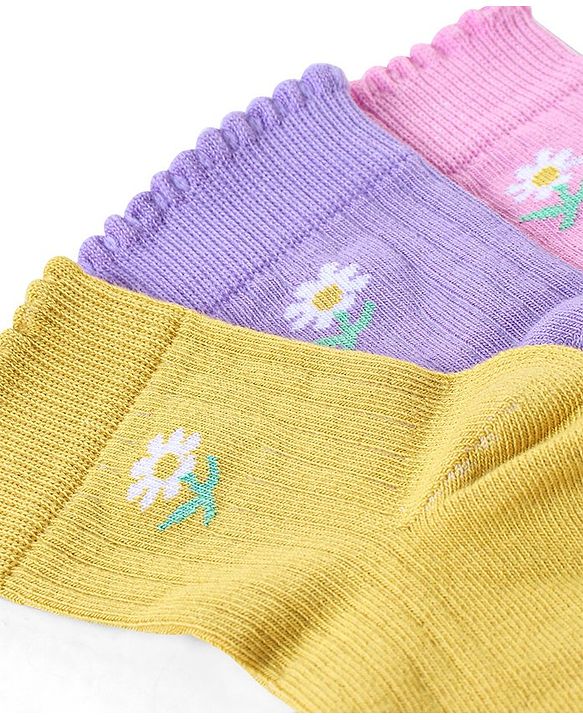 Pine Kids Ankle Length Solid Colour Socks Pack Of 3 - Yellow Purple & Pink