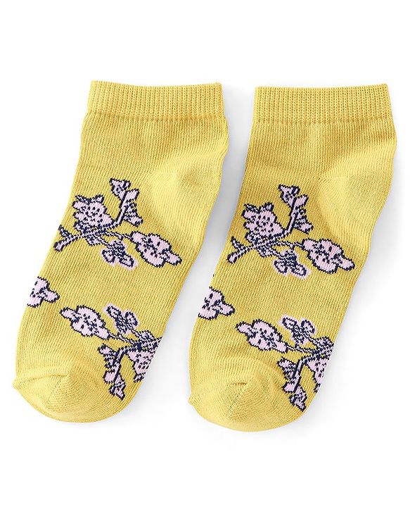 Pine Kids Ankle Length Printed Socks Floral Print Pack Of 3 - Yellow Green & Purple