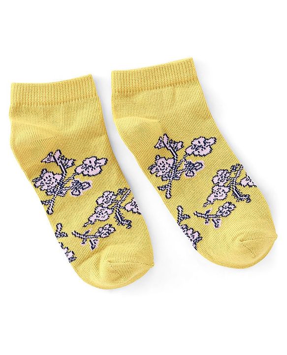 Pine Kids Ankle Length Printed Socks Floral Print Pack Of 3 - Yellow Green & Purple