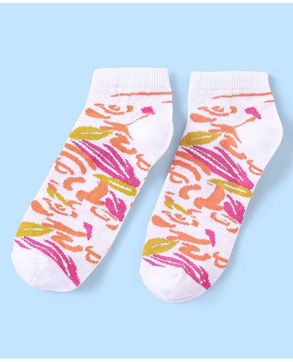 Pine Kids Ankle Length Printed Socks Floral Print Pack Of 3 - Orange White & Pink
