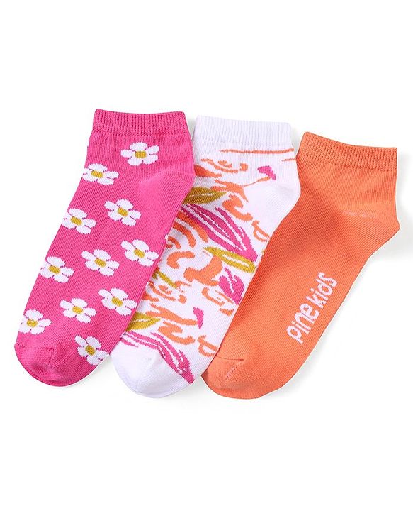Pine Kids Ankle Length Printed Socks Floral Print Pack Of 3 - Orange White & Pink
