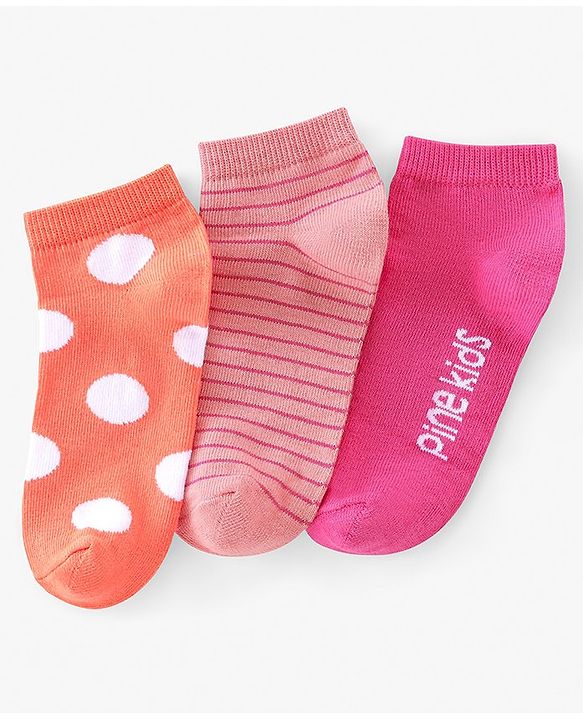 Pine Kids Ankle Length Printed Socks Striped Pack of 3 - Orange & Pink