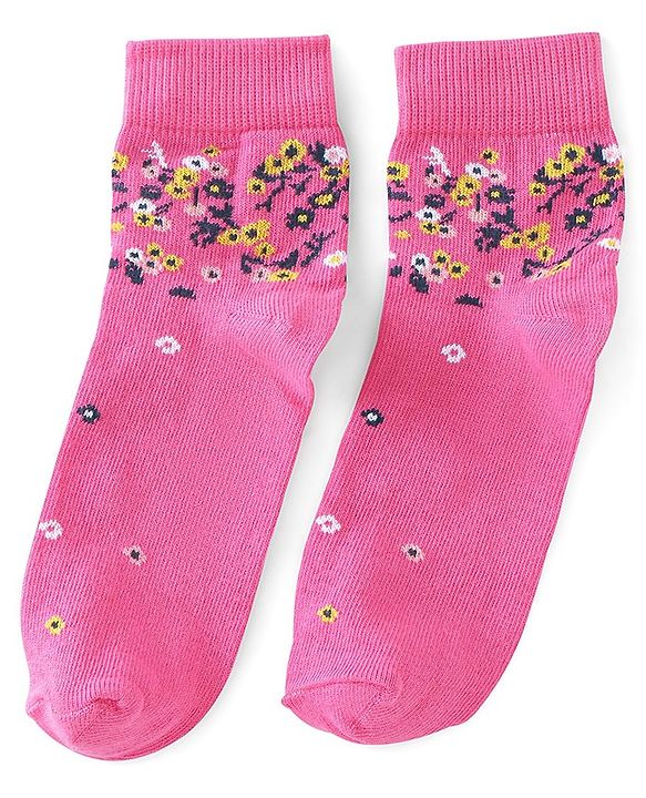 Pine Kids Ankle Length Printed Socks Floral Print Pack Of 3 - Pink Black & Green