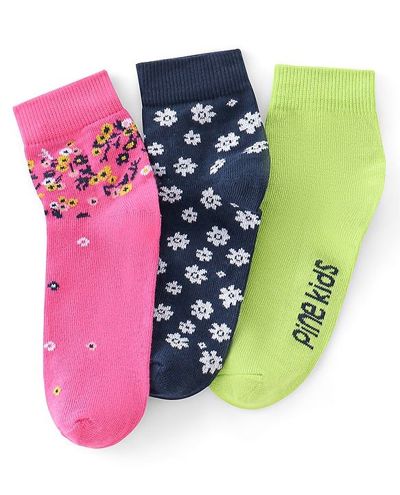 Pine Kids Ankle Length Printed Socks Floral Print Pack Of 3 - Pink Black & Green