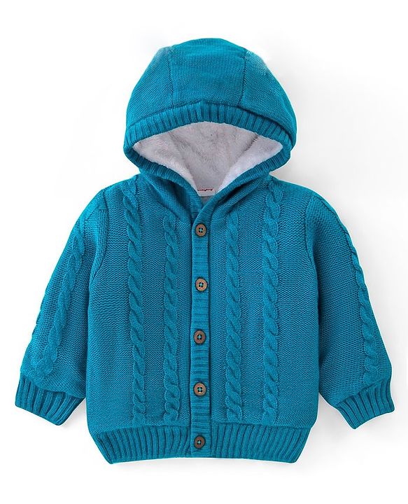 Babyhug Knit Full Sleeves Front Open Hooded Sweater with Cable Knit Design - Blue