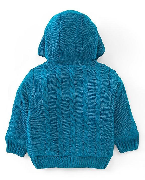 Babyhug Knit Full Sleeves Front Open Hooded Sweater with Cable Knit Design - Blue
