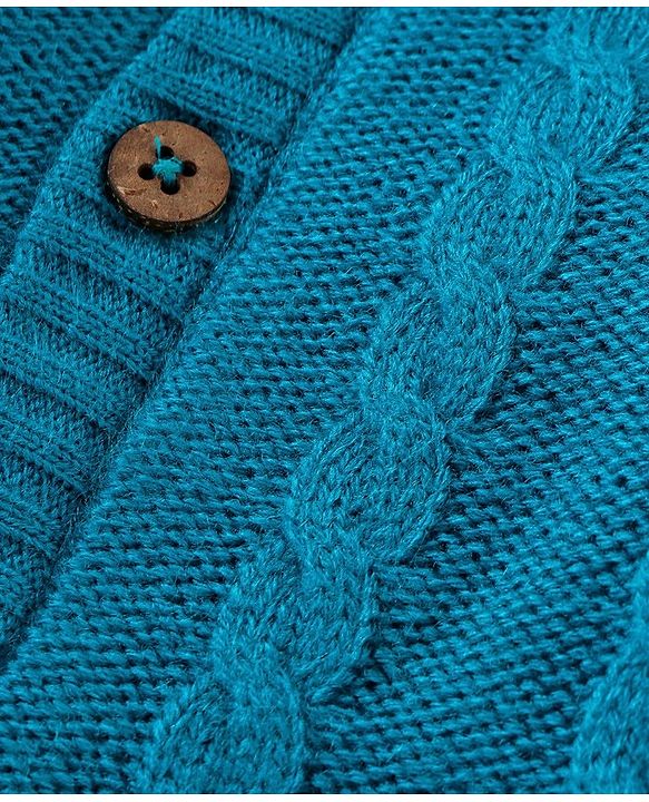 Babyhug Knit Full Sleeves Front Open Hooded Sweater with Cable Knit Design - Blue