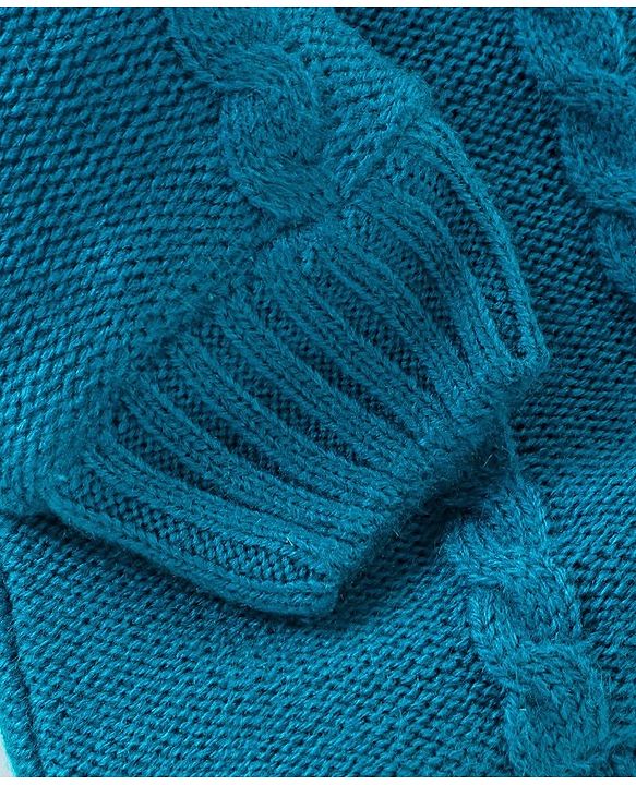 Babyhug Knit Full Sleeves Front Open Hooded Sweater with Cable Knit Design - Blue