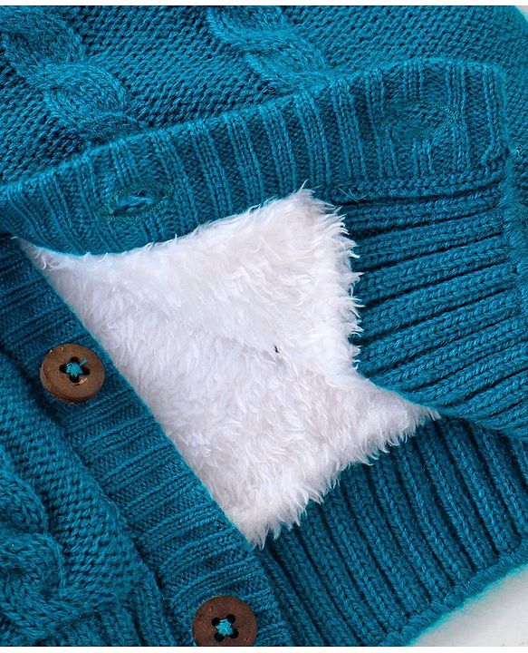 Babyhug Knit Full Sleeves Front Open Hooded Sweater with Cable Knit Design - Blue