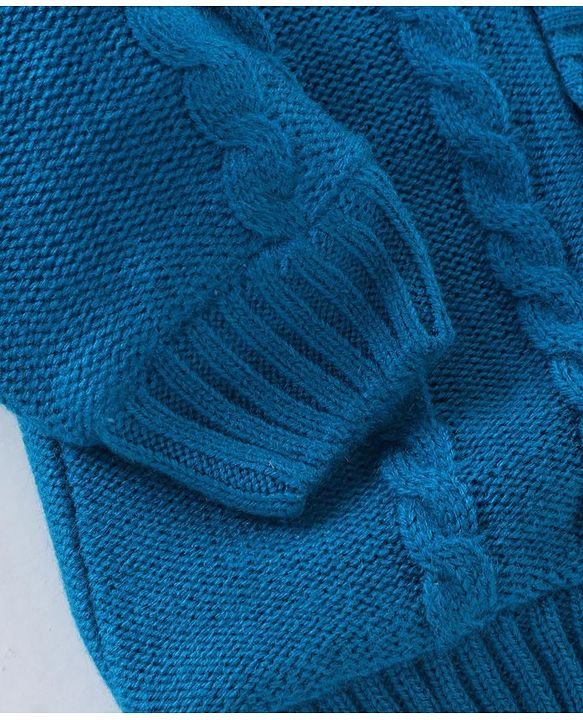 Babyhug Knit Full Sleeves Front Open Hooded Sweater with Cable Knit Design - Blue