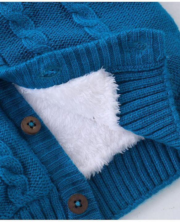 Babyhug Knit Full Sleeves Front Open Hooded Sweater with Cable Knit Design - Blue