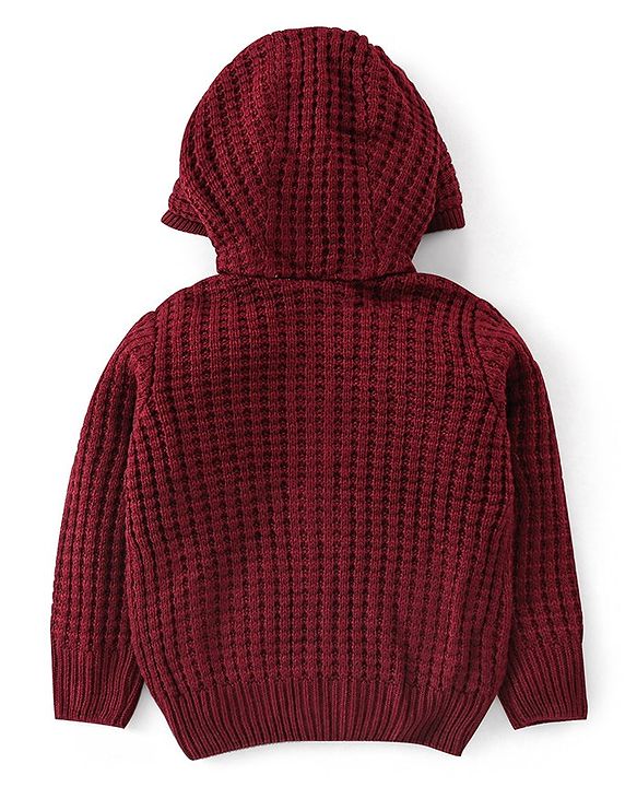 Babyhug Knit Full Sleeves Front Open Hooded Sweater with Cable Knit Design - Maroon