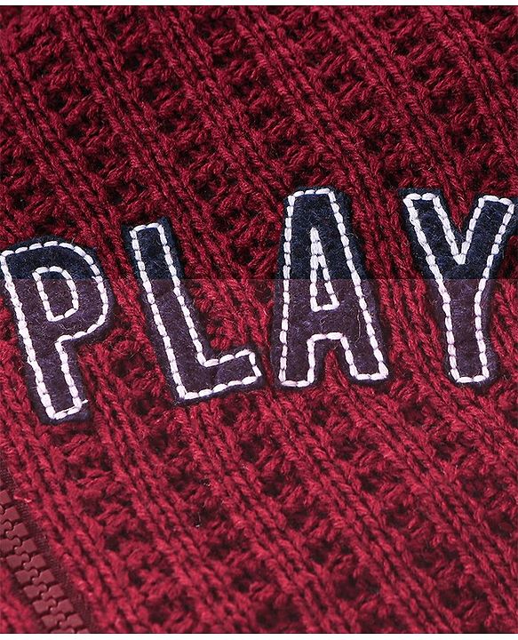 Babyhug Knit Full Sleeves Front Open Hooded Sweater with Cable Knit Design - Maroon