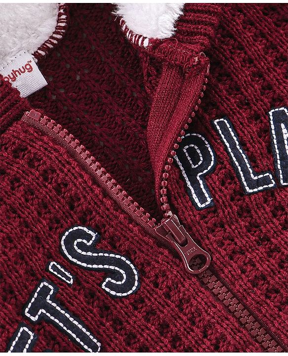 Babyhug Knit Full Sleeves Front Open Hooded Sweater with Cable Knit Design - Maroon