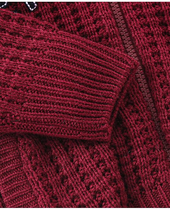 Babyhug Knit Full Sleeves Front Open Hooded Sweater with Cable Knit Design - Maroon