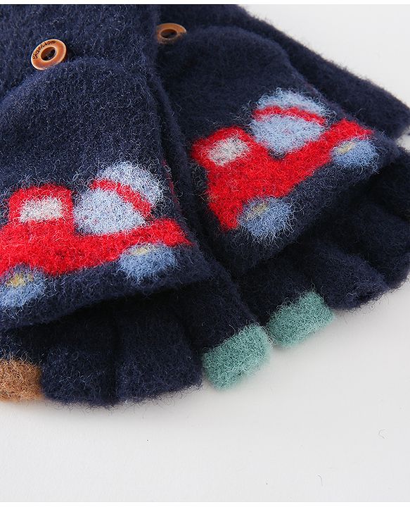 Babyhug Gloves With Car Design -Navy Blue