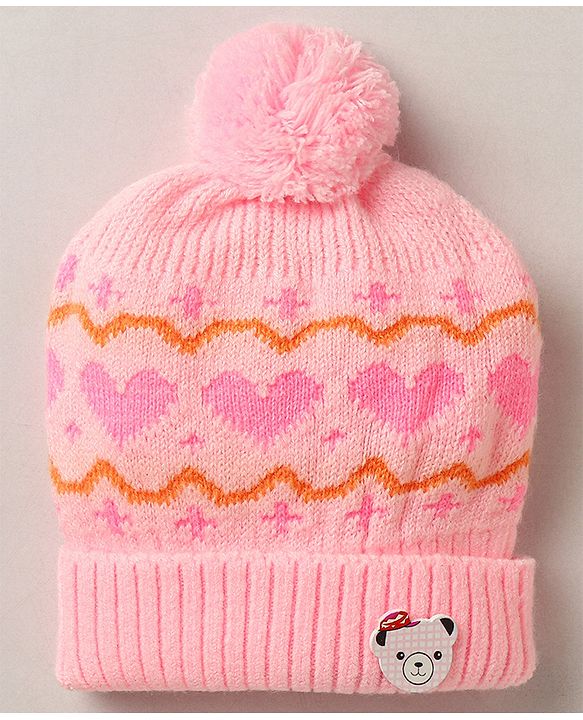 Babyhug Woollen Cap with Heart & Bear Design Pink - Diameter 9 cm