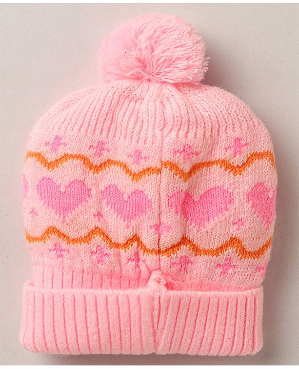 Babyhug Woollen Cap with Heart & Bear Design Pink - Diameter 9 cm