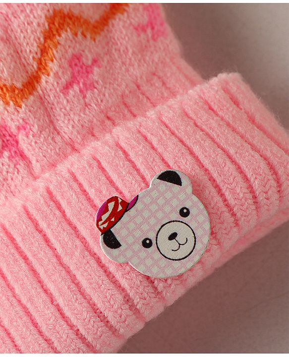 Babyhug Woollen Cap with Heart & Bear Design Pink - Diameter 9 cm