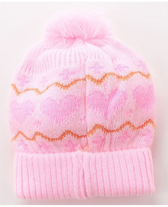 Babyhug Woollen Cap with Heart & Bear Design Pink - Diameter 9 cm
