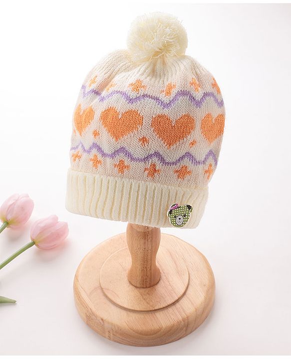 Babyhug Woollen Cap with Heart & Bear Design Beige - Diameter 9 cm