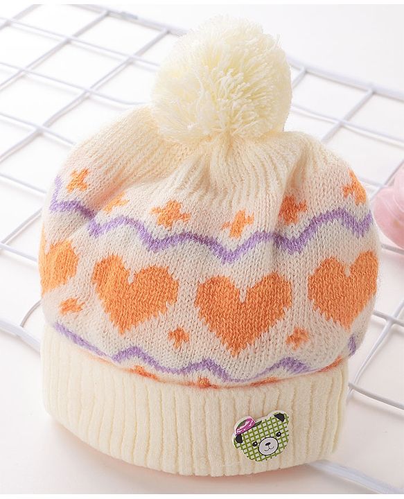 Babyhug Woollen Cap with Heart & Bear Design Beige - Diameter 9 cm