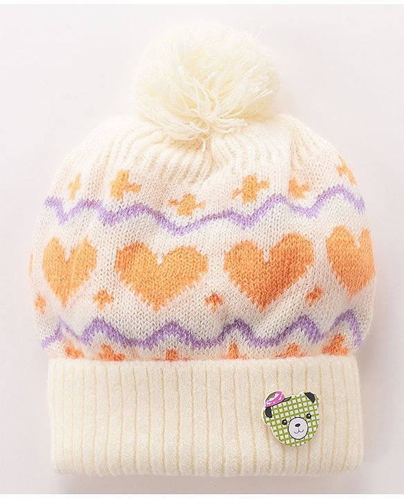 Babyhug Woollen Cap with Heart & Bear Design Beige - Diameter 9 cm