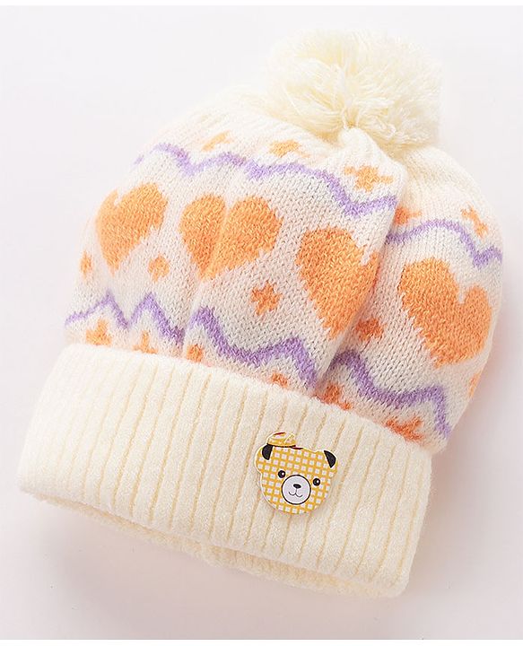 Babyhug Woollen Cap with Heart & Bear Design Beige - Diameter 9 cm