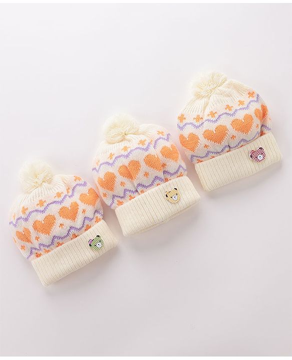 Babyhug Woollen Cap with Heart & Bear Design Beige - Diameter 9 cm