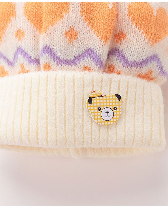 Babyhug Woollen Cap with Heart & Bear Design Beige - Diameter 9 cm
