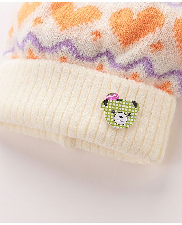 Babyhug Woollen Cap with Heart & Bear Design Beige - Diameter 9 cm