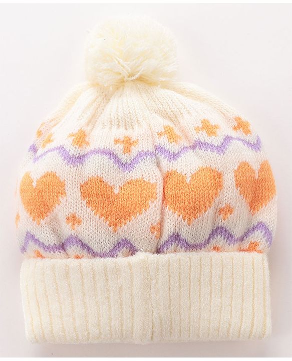 Babyhug Woollen Cap with Heart & Bear Design Beige - Diameter 9 cm