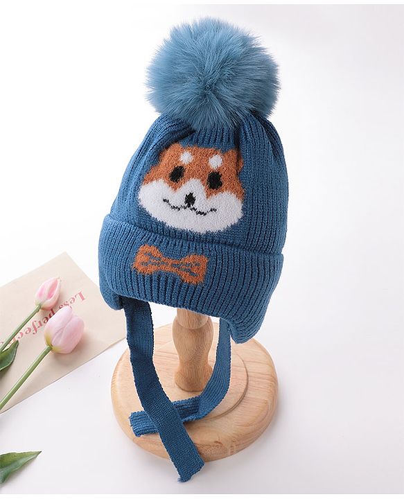 Babyhug Woollen Cap Fox Design Blue - Diameter 11 cm