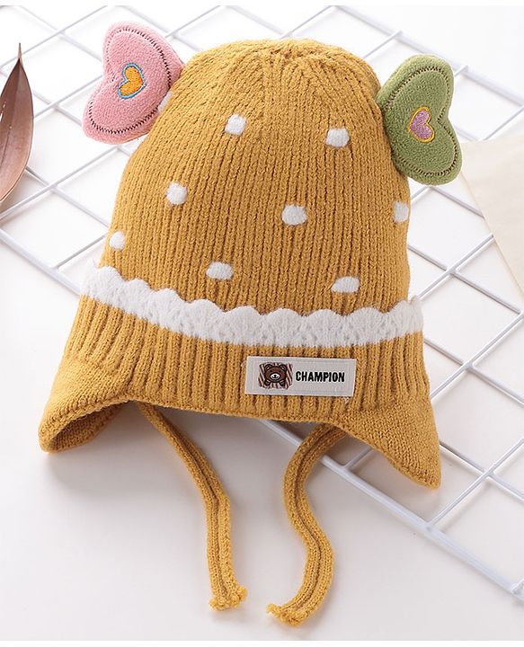 Babyhug Woollen Cap With Heart Applique - Yellow