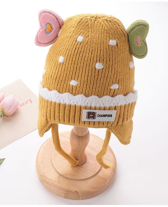 Babyhug Woollen Cap With Heart Applique - Yellow