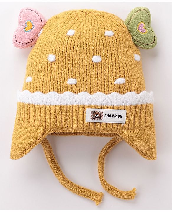 Babyhug Woollen Cap With Heart Applique - Yellow