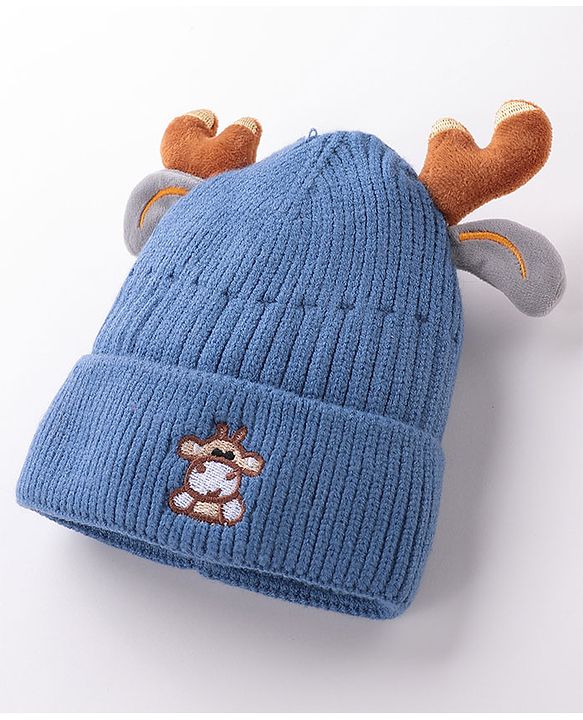 Babyhug Horn Woollen Cap Reindeer Design - Blue