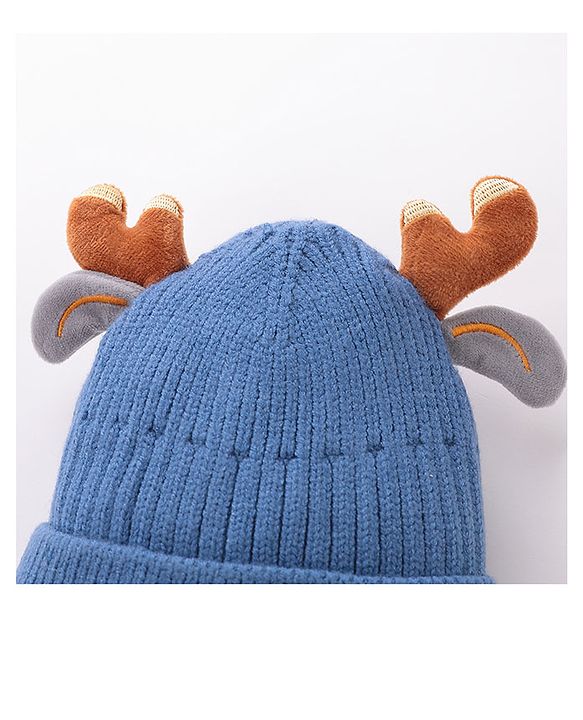 Babyhug Horn Woollen Cap Reindeer Design - Blue