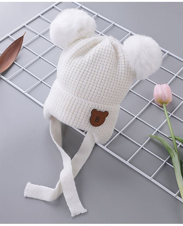 Babyhug Pom Pom Woolen Cap Teddy Design - White