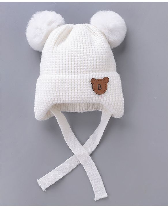 Babyhug Pom Pom Woolen Cap Teddy Design - White