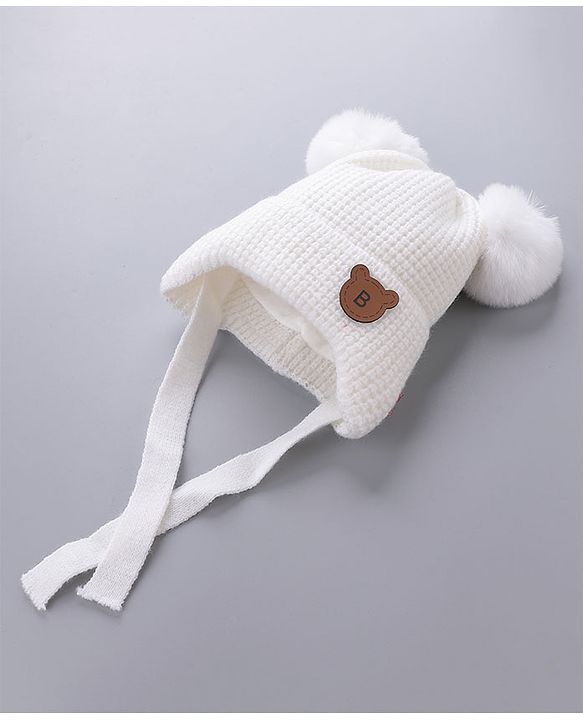 Babyhug Pom Pom Woolen Cap Teddy Design - White
