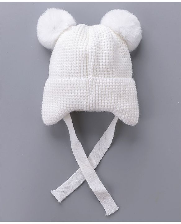 Babyhug Pom Pom Woolen Cap Teddy Design - White