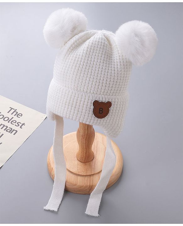 Babyhug Pom Pom Woollen Cap Teddy Design - White